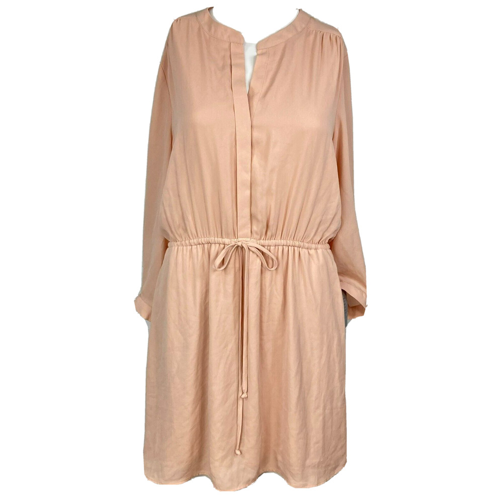 NWT‎ DR2 Dress Womens Sz M Nude Pink Shirt Long Sleeve Gathered Tie Waist V Neck